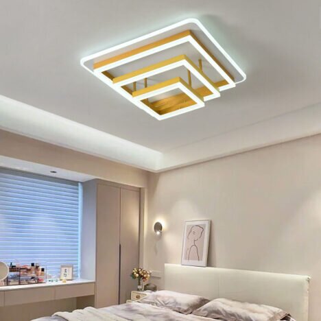 Plafoniera LED 214W Minimalist 3 Square Gold, LED inclus, 4 surse de iluminare, Telecomanda, Dimabil