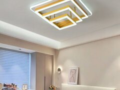 Plafoniera LED 214W Minimalist 3 Square Gold, LED inclus, 4 surse de iluminare, Telecomanda, Dimabil